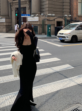 Norain不下雨 步步生莲黑色长袖连衣裙女秋冬性感修身长款鱼尾裙