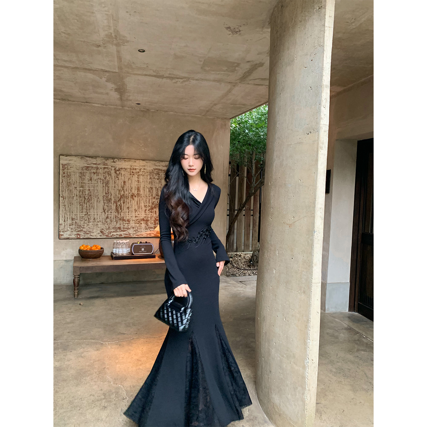 Norain不下雨黑色蕾丝刺绣礼服