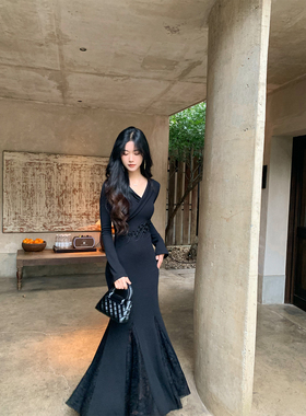Norain不下雨 绣珠刺绣黑色连衣裙女内搭大摆长裙