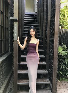 Norain不下雨【现货8折】紫色渐变网纱收腰修身吊带包臀裙连衣裙