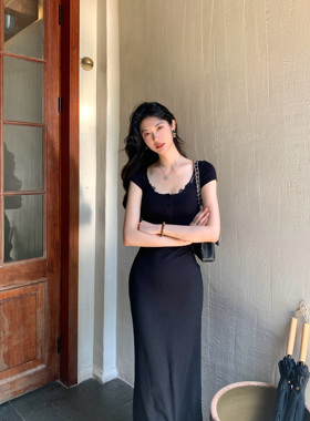 Norain不下雨 黑色两件套蕾丝花边吊带连衣裙女收腰包臀针织裙子