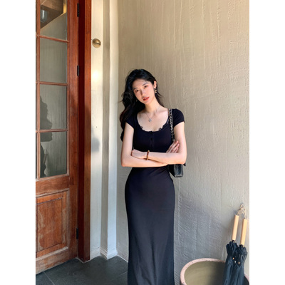 Norain不下雨 黑色两件套蕾丝花边吊带连衣裙女收腰包臀针织裙子