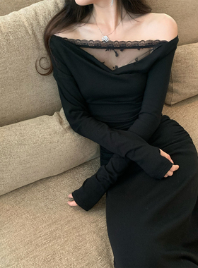 Norain不下雨 法式绝美黑色斜肩蕾丝长袖连衣裙女秋性感收腰长裙