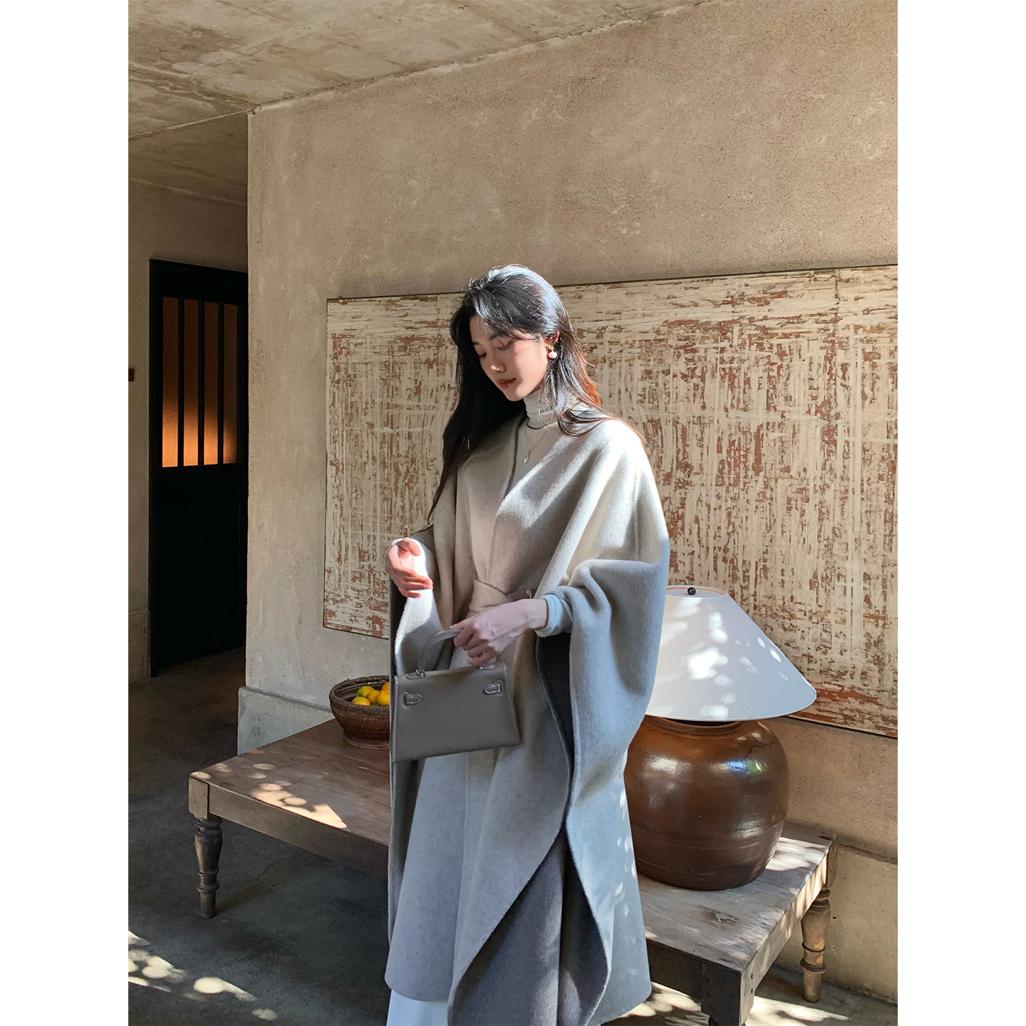 Norain不下雨 高级感羊毛系带收腰双面披肩大衣女秋长款秋冬外套