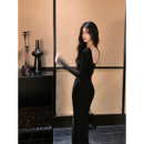 Norain不下雨 连衣裙长裙 黑色性感露背收腰针织包臀裙女气质长袖