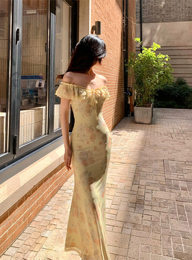 Norain不下雨【6折清仓】黄色包臀裙性感弹力印花碎花裙连衣裙