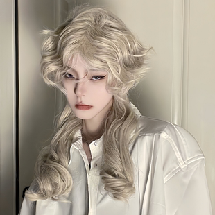 浅金长发假发男卷发拖尾水母头全头套式高层次狼尾发动漫拍照头套