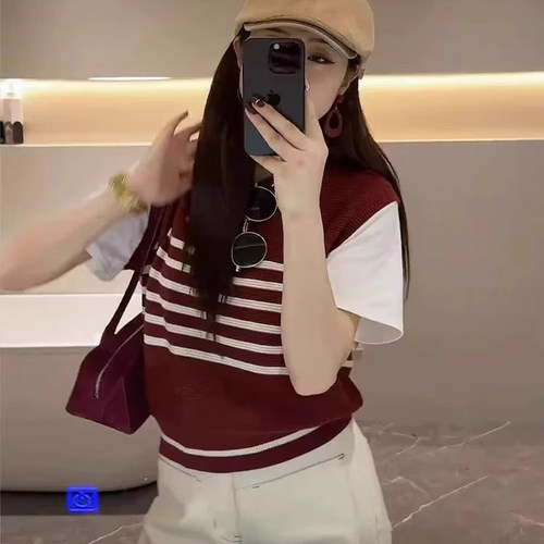 条纹假两件马甲针织衫短袖t恤女
