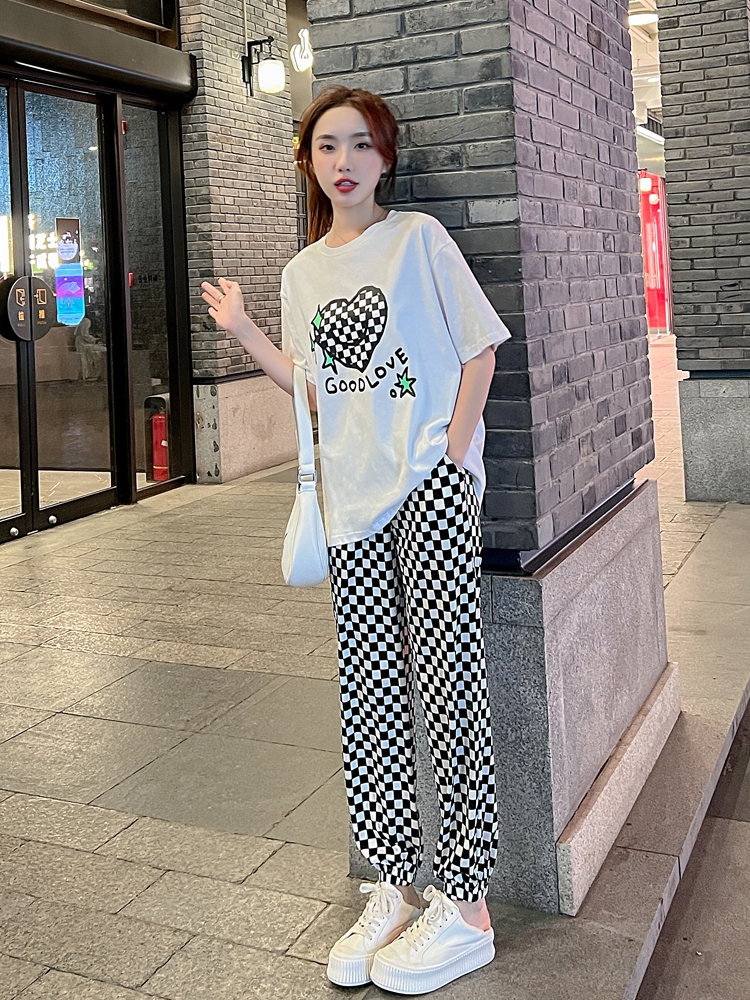 纯棉港风运动服套装女夏季薄款宽松时尚短袖长裤小个子休闲两件套