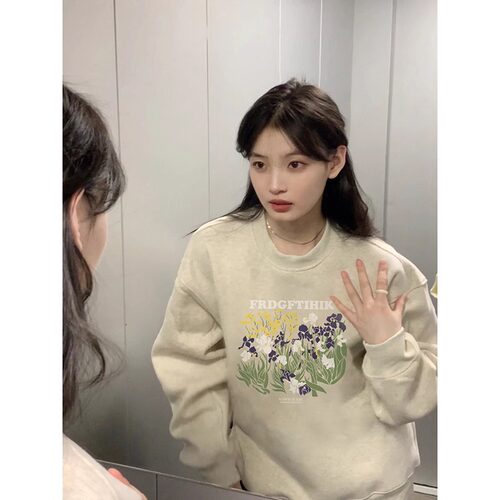 美式无帽圆领卫衣女2024春秋外套