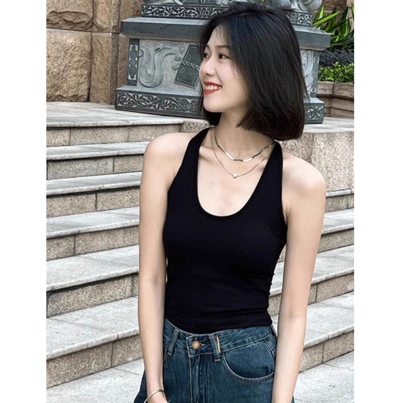 黑色挂脖工字吊带背心女夏季上衣