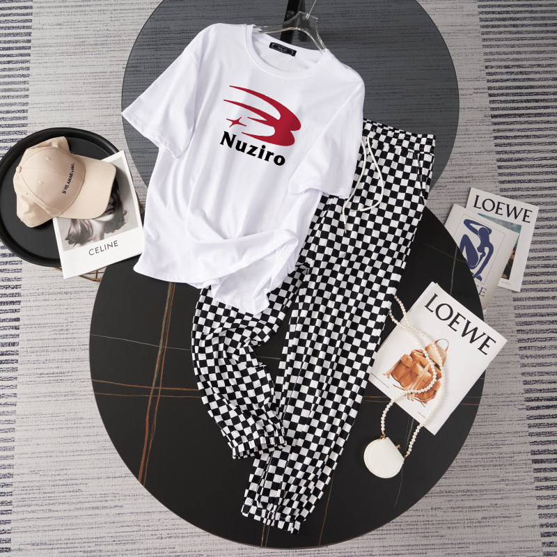 纯棉运动服套装跑步女夏季薄款短袖长裤小个子时尚洋气休闲两件套