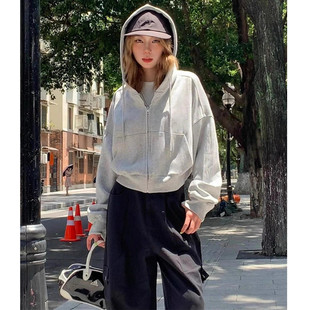 正肩短款开衫卫衣外套女秋冬季小个子韩系慵懒风连帽加绒加厚上衣