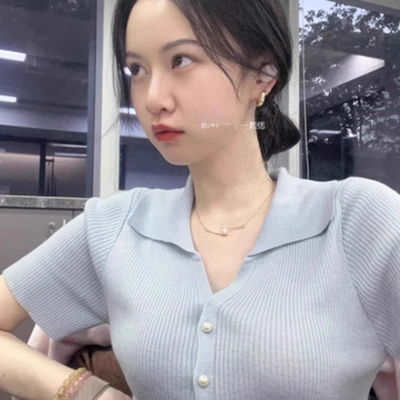 蓝色POLO衫冰丝正肩针织短袖女夏