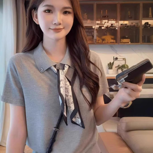 polo领冰丝针织衫 韩系高级感显瘦独特漂亮上衣 正肩短袖 t恤女夏季