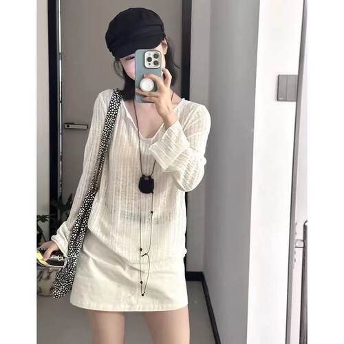 早春法式微透木耳边V领长袖防晒