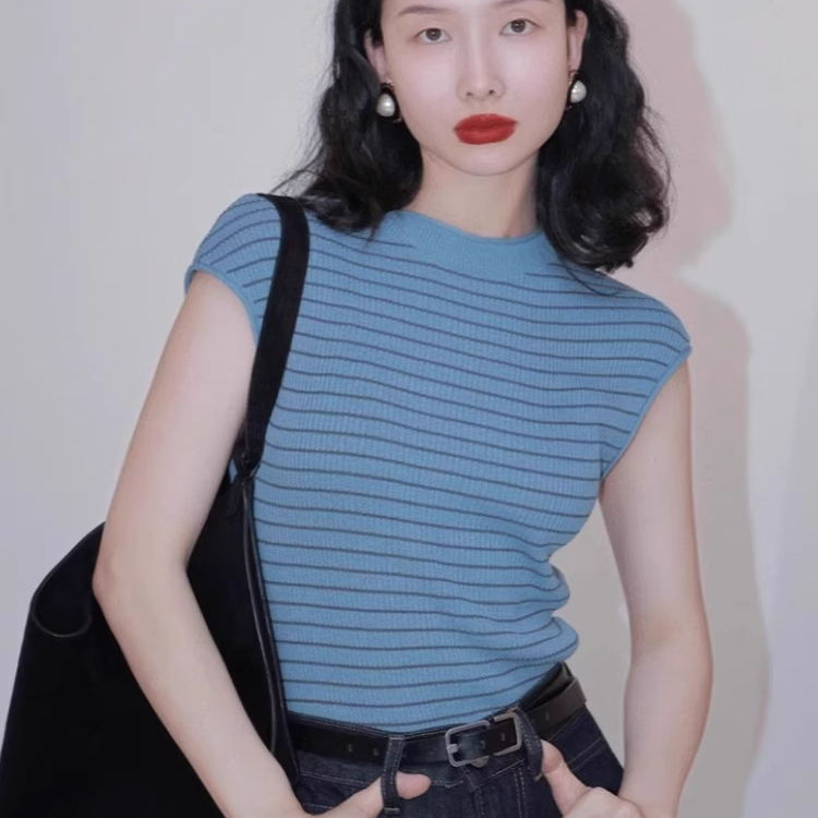 韩系蓝色条纹冰丝针织短袖女夏季