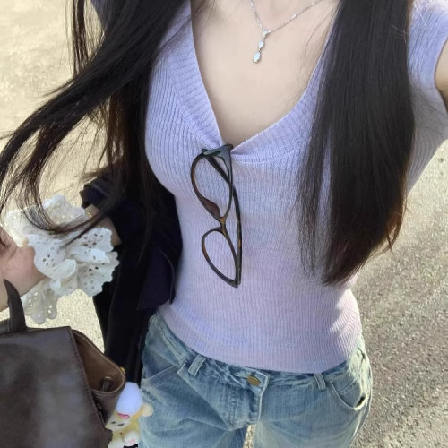 韩系温柔风u领针织短袖t恤女夏季