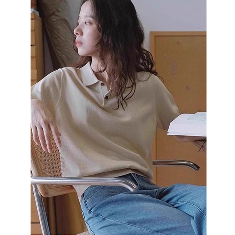 针织衫polo领冰丝正肩短袖t恤女