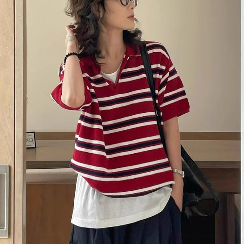 日系条纹polo衫短袖t恤女夏上衣