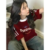 t恤女夏宽松半袖 国潮美式 复古三条杠插肩纯棉短袖 设计感小众上衣