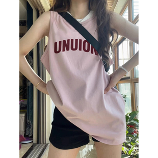 t恤女2025夏季 纯棉吊带坎肩跨栏背心无袖 外穿宽松慵懒风挂脖上衣