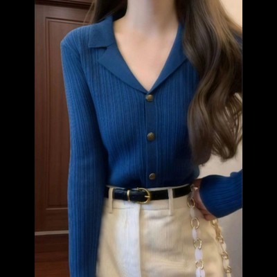 蓝色翻领针织开衫外套女早秋季