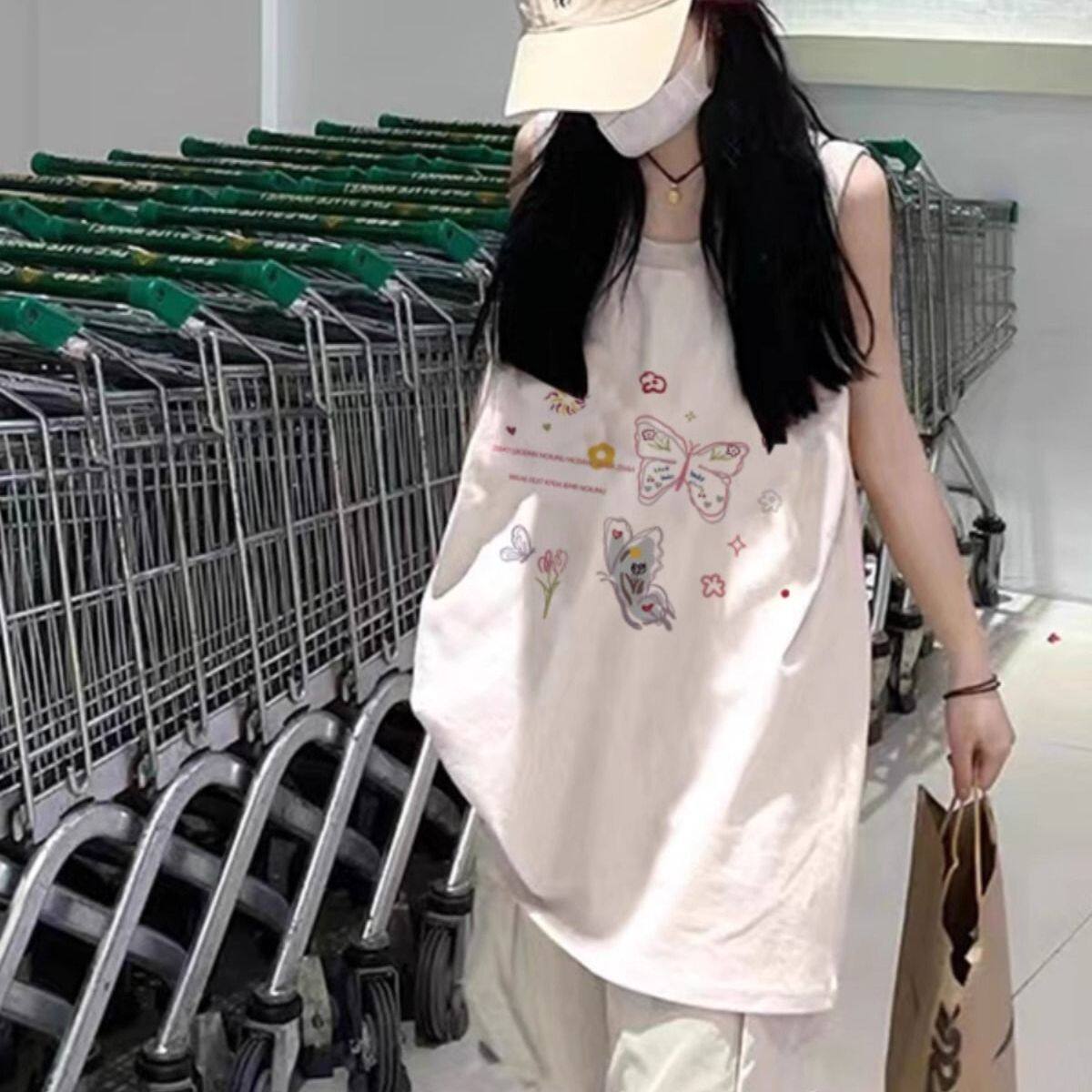 纯棉港风吊带运动背心无袖t恤女图片
