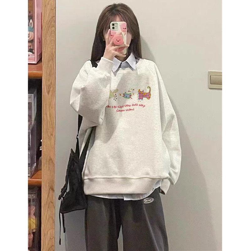 无帽圆领卫衣女秋冬季小个子上衣