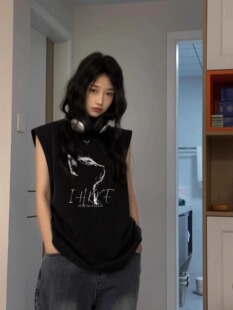 外穿篮球服港风挂脖上衣 夏季 纯棉吊带坎肩背心无袖 t恤女2024新款