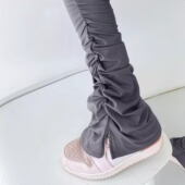 高腰显瘦开叉 褶皱堆堆拖地马蹄加长版 日系灰色微喇叭鲨鱼裤 女秋季