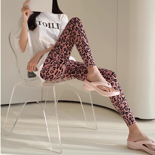 透气速干瑜伽健身 薄款 粉色印花豹纹鲨鱼裤 女高腰收腹无尴尬线夏季