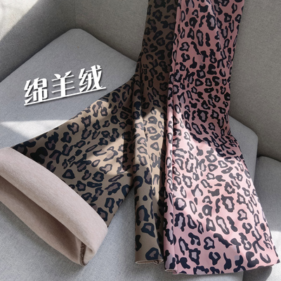 加绒加厚粉色豹纹微喇叭鲨鱼裤女秋冬季保暖瘦腿高腰收腹拖地加长