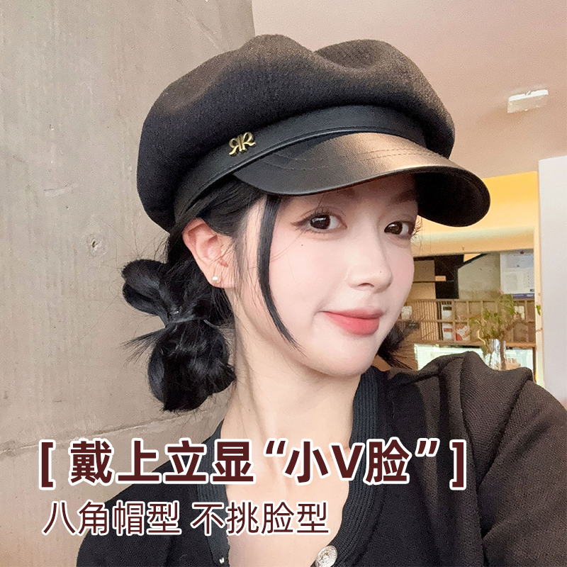贝雷帽子女春秋黑色显脸小洋气时髦法式复古画家大头围鸭舌八角帽