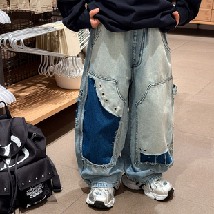 撞色[潮牛]破洞补丁男童裤子痞帅风春秋款2026新款儿童牛仔裤帅气
