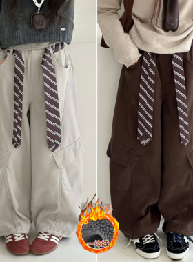 童装2025冬季儿童复古一体绒工装裤男女童弯刀阔腿裤潮直筒加绒潮