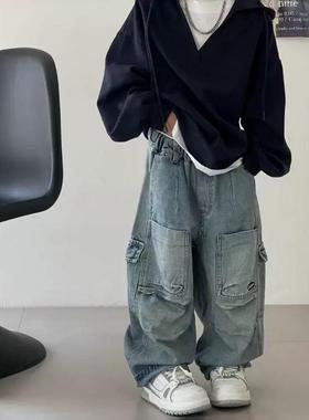 街头潮酷风牛仔裤男童2025春季新款韩版宽松休闲百搭儿童工装裤子