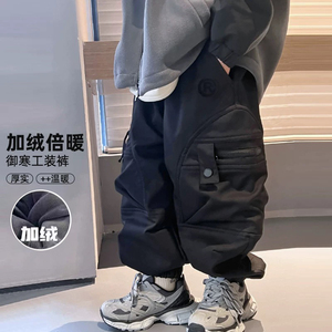 男童裤子2024秋冬装新款休闲裤帅气男孩长裤潮中大童一体绒工装裤