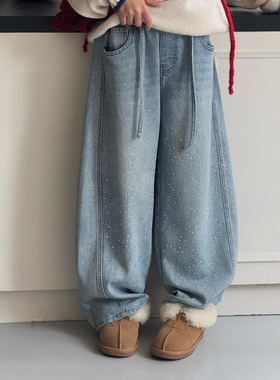 【星闪裤】2025冬季新款烫钻直筒弯刀牛仔裤中大童女童可亲子百搭