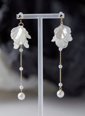 永生花~长款白色花瓣耳饰耳夹无耳洞流苏适合夏天的耳环耳钉