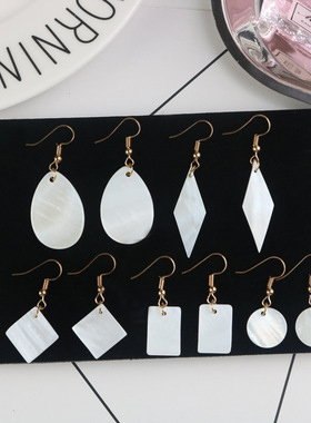 韩国简约新款时尚个性圆型白色贝壳正方形菱形圆环耳环女