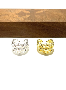 特价匠银JY 镂空开口十字花十字架925纯银镀22k金情侣镀金戒指