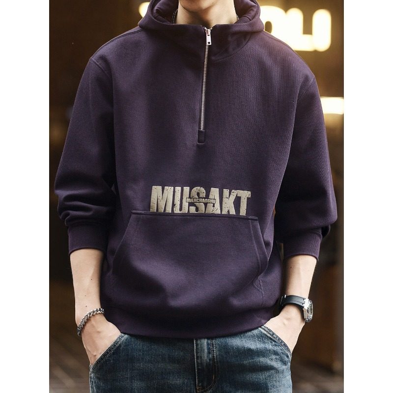 格蓝鹿美式高级感印花连帽卫衣男2025秋冬新款潮流半拉链上衣外套