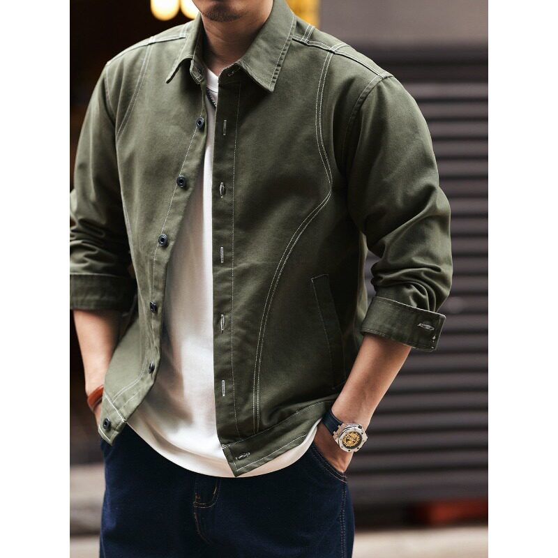 格蓝鹿美式复古高级感辑明线牛仔夹克男春秋新款宽松休闲工装外套