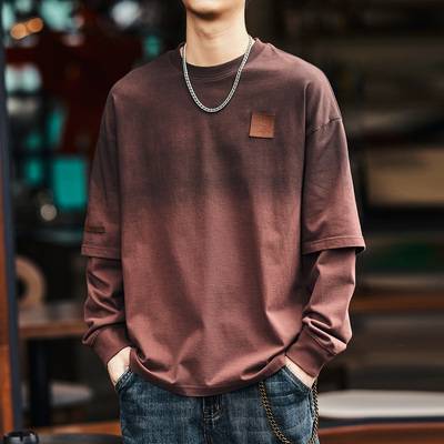高端复古渐变水洗假两件长袖T恤