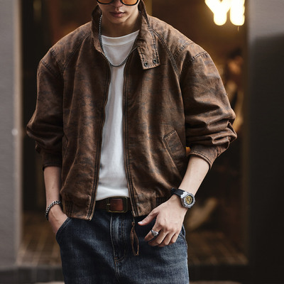 美式巴恩风重磅机车立领夹克