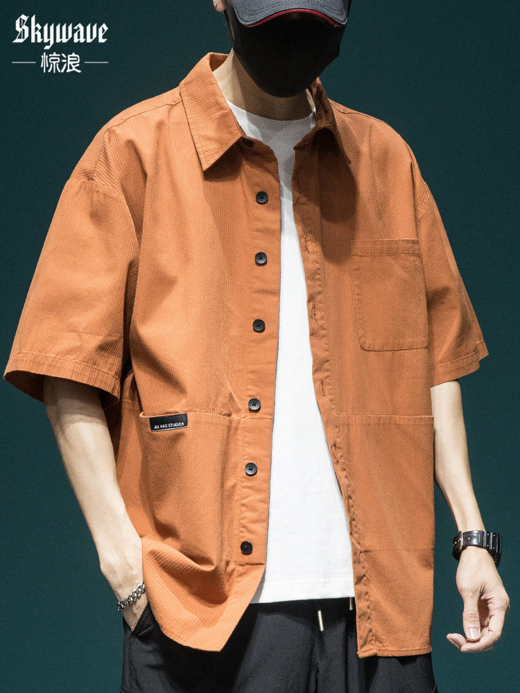 短袖衬衣宽松翻领日系复古