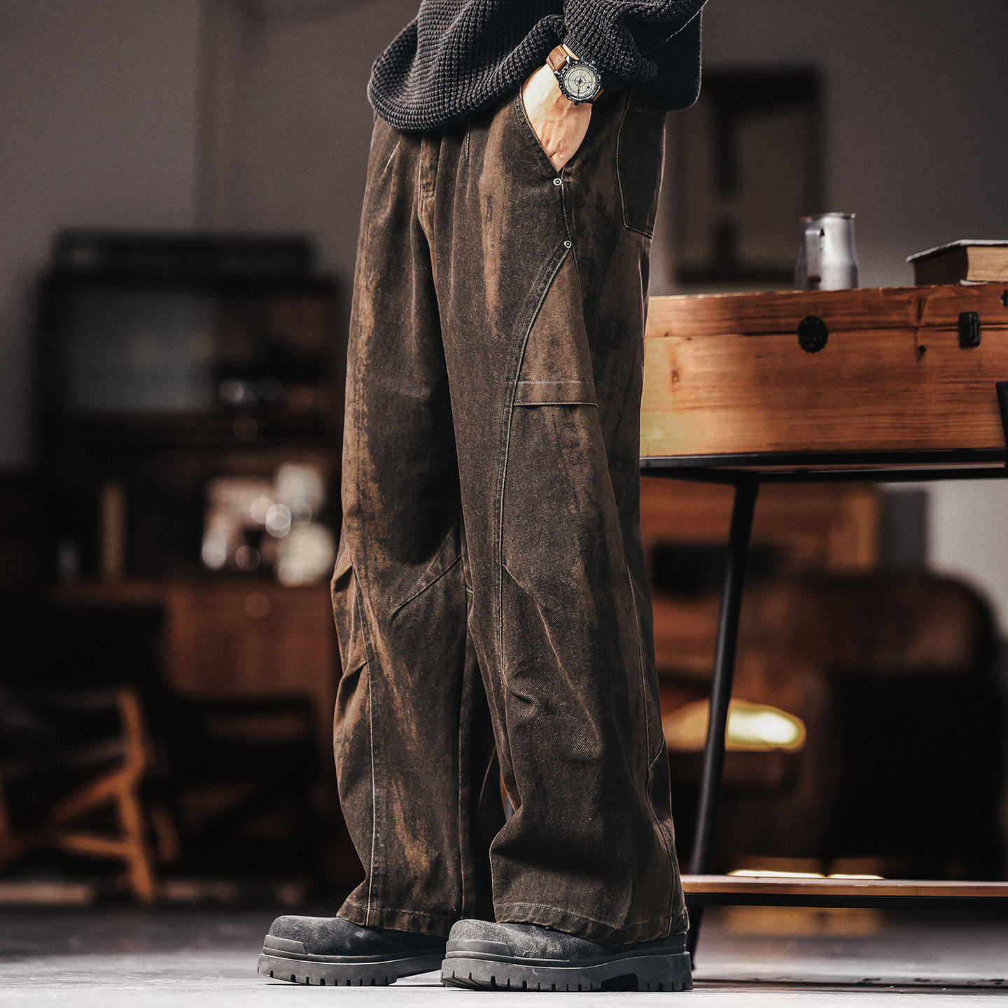 美式复古重工水洗扎染工装牛仔裤