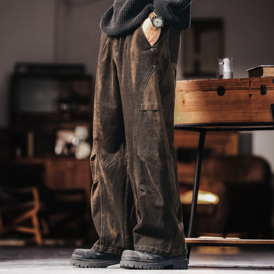美式复古重工水洗扎染工装牛仔裤