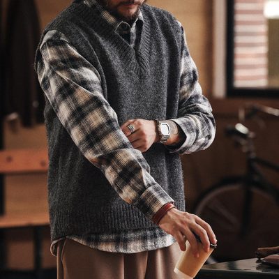 美式羊毛混纺叠穿针织衫毛衣背心